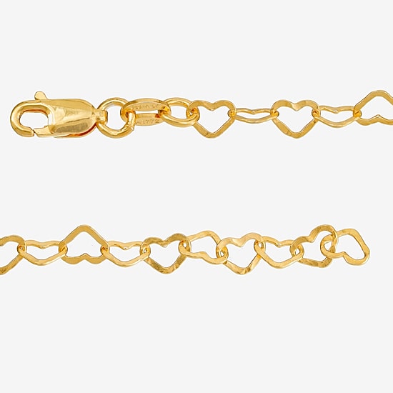 Made in Italy Womens 24K Gold Over Silver 7.5 Inch Solid Link Heart Chain Bracelet