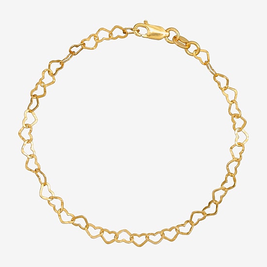 Made in Italy Womens 24K Gold Over Silver 7.5 Inch Solid Link Heart Chain Bracelet