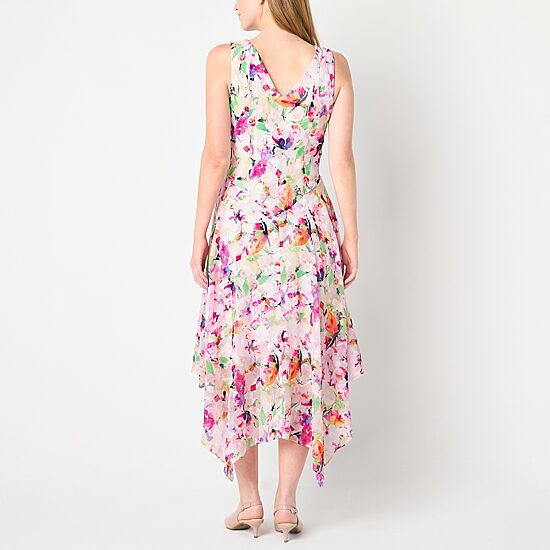 Robbie Bee Womens Midi Cowl Neck Sleeveless Floral Fit + Flare Dress