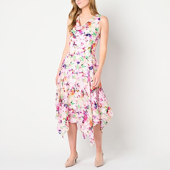 Robbie Bee Womens Midi Cowl Neck Sleeveless Floral Fit + Flare Dress