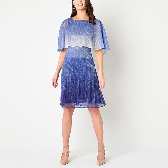 Danny & Nicole Womens Round Neck Short Sleeve Cape Ombre Cape Fit + Flare Dress