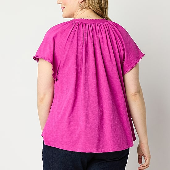 St. John's Bay Womens Plus Split Crew Neck Short Sleeve T-Shirt