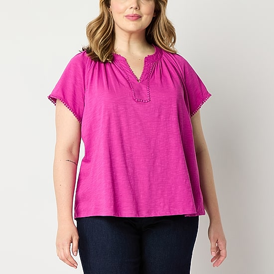 St. John's Bay Womens Plus Split Crew Neck Short Sleeve T-Shirt