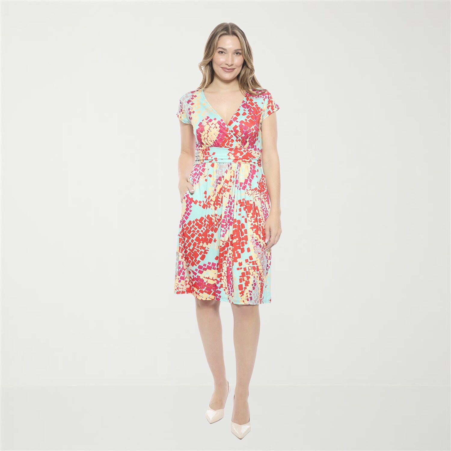 24seven Comfort Apparel Womens V Neck Short Sleeve Abstract A-Line Dress