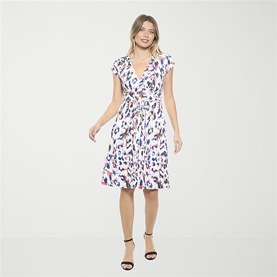 24seven Comfort Apparel Womens V Neck Short Sleeve Abstract A-Line Dress