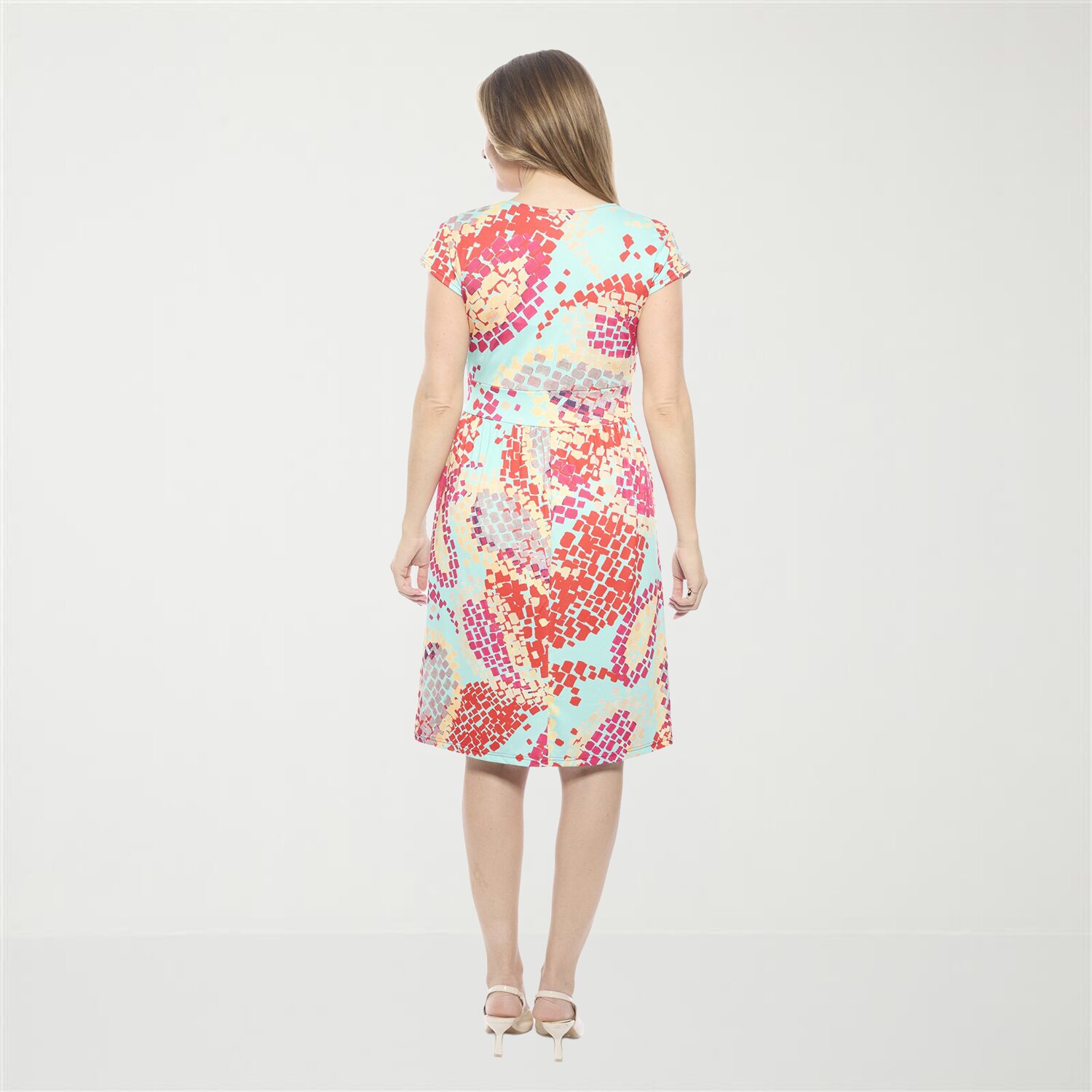 24seven Comfort Apparel Womens V Neck Short Sleeve Abstract A-Line Dress