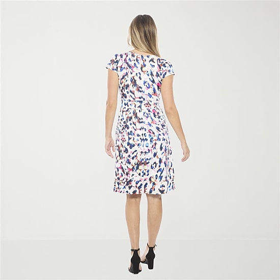 24seven Comfort Apparel Womens V Neck Short Sleeve Abstract A-Line Dress