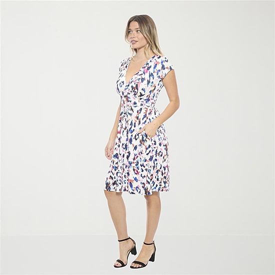 24seven Comfort Apparel Womens V Neck Short Sleeve Abstract A-Line Dress