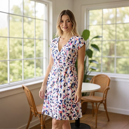 24seven Comfort Apparel Womens V Neck Short Sleeve Abstract A-Line Dress