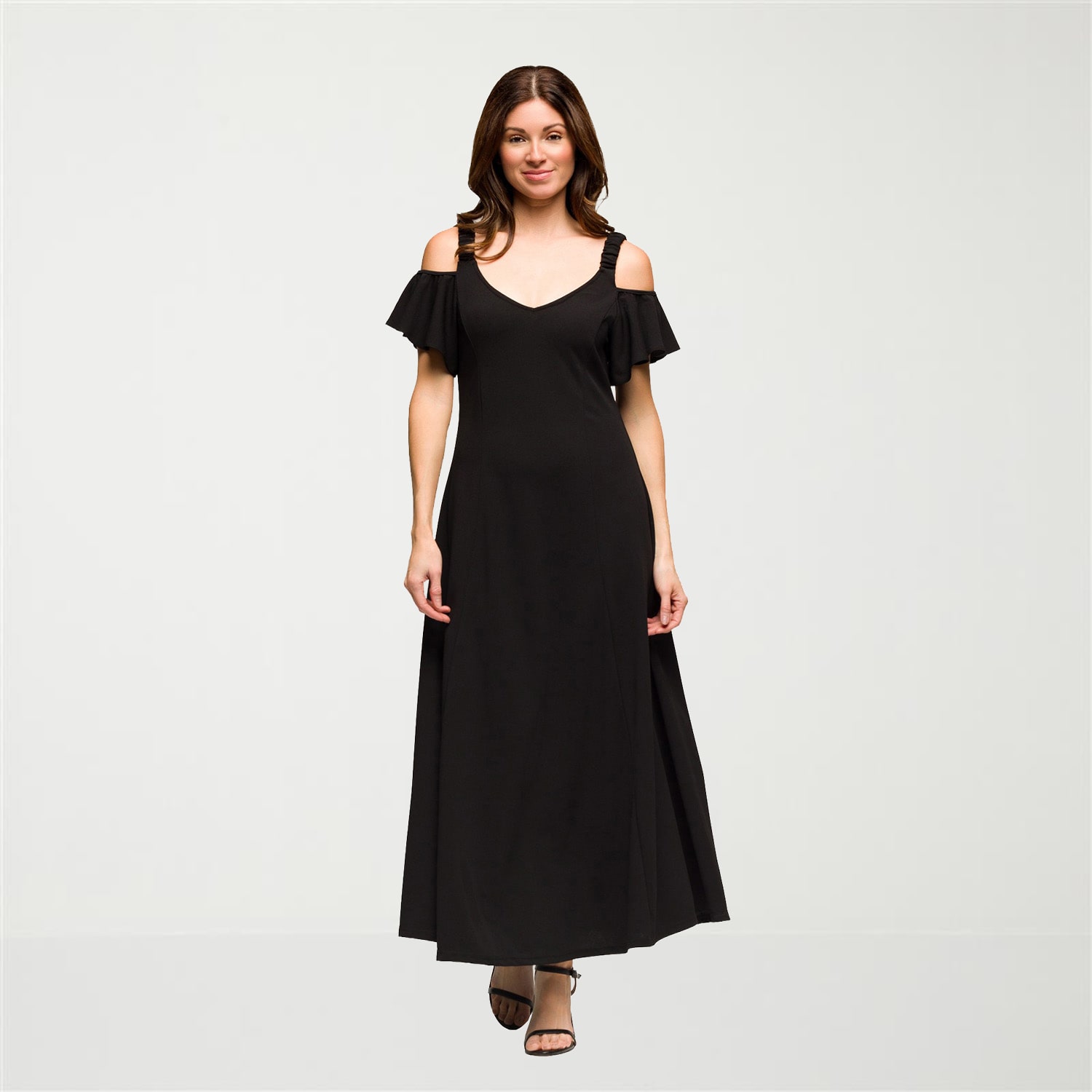 24seven Comfort Apparel Womens V Neck Short Sleeve Cold Shoulder Maxi Dress