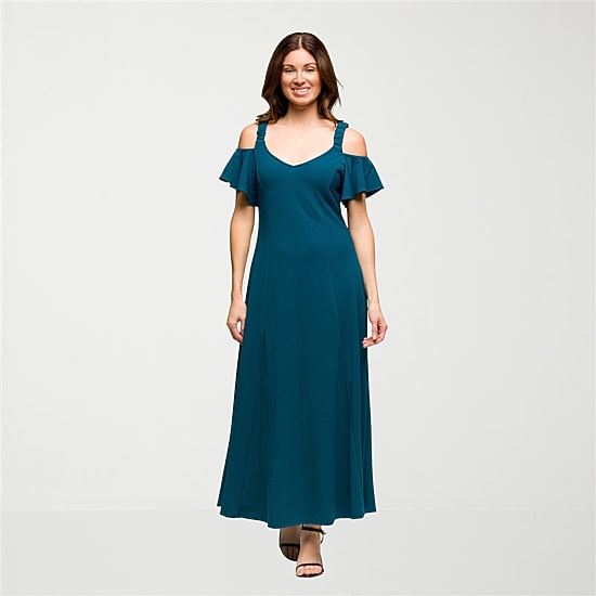24seven Comfort Apparel Womens V Neck Short Sleeve Cold Shoulder Maxi Dress