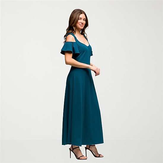 24seven Comfort Apparel Womens V Neck Short Sleeve Cold Shoulder Maxi Dress