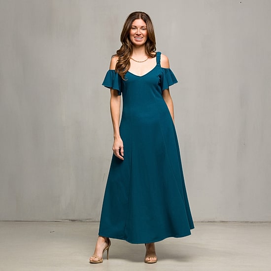 24seven Comfort Apparel Womens V Neck Short Sleeve Cold Shoulder Maxi Dress