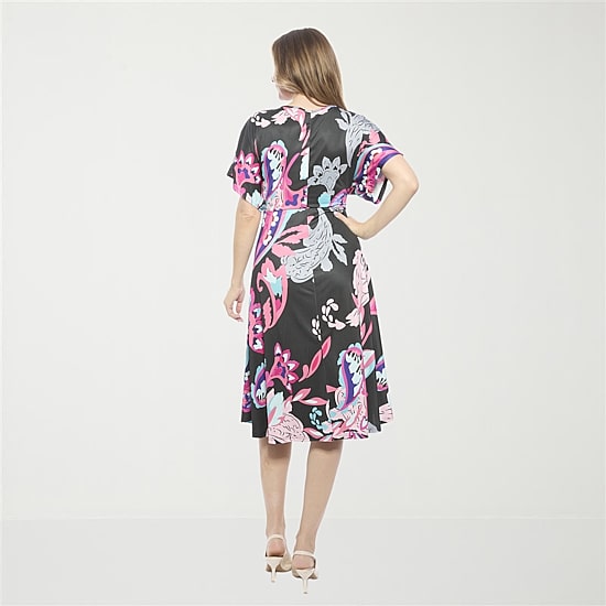 24seven Comfort Apparel Womens Short Sleeve Paisley Midi Wrap Dress