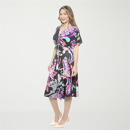24seven Comfort Apparel Womens Short Sleeve Paisley Midi Wrap Dress