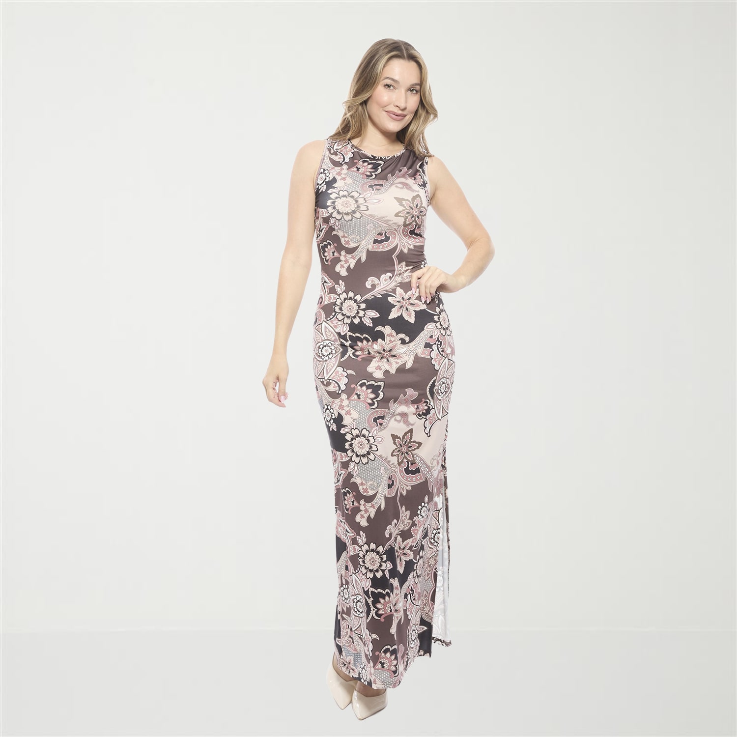 24seven Comfort Apparel Womens Round Neck Sleeveless Casual Paisley Bodycon Dress