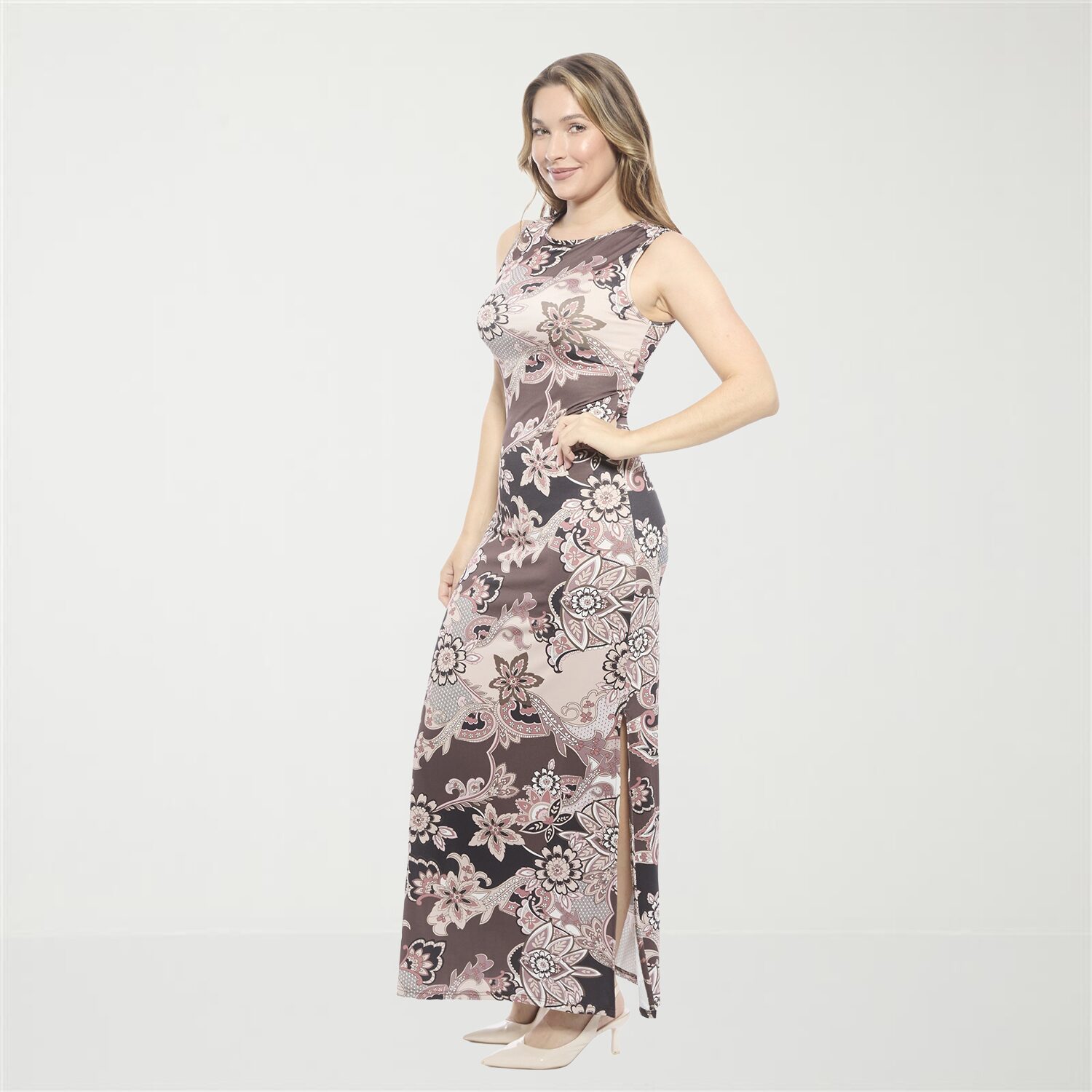 24seven Comfort Apparel Womens Round Neck Sleeveless Casual Paisley Bodycon Dress