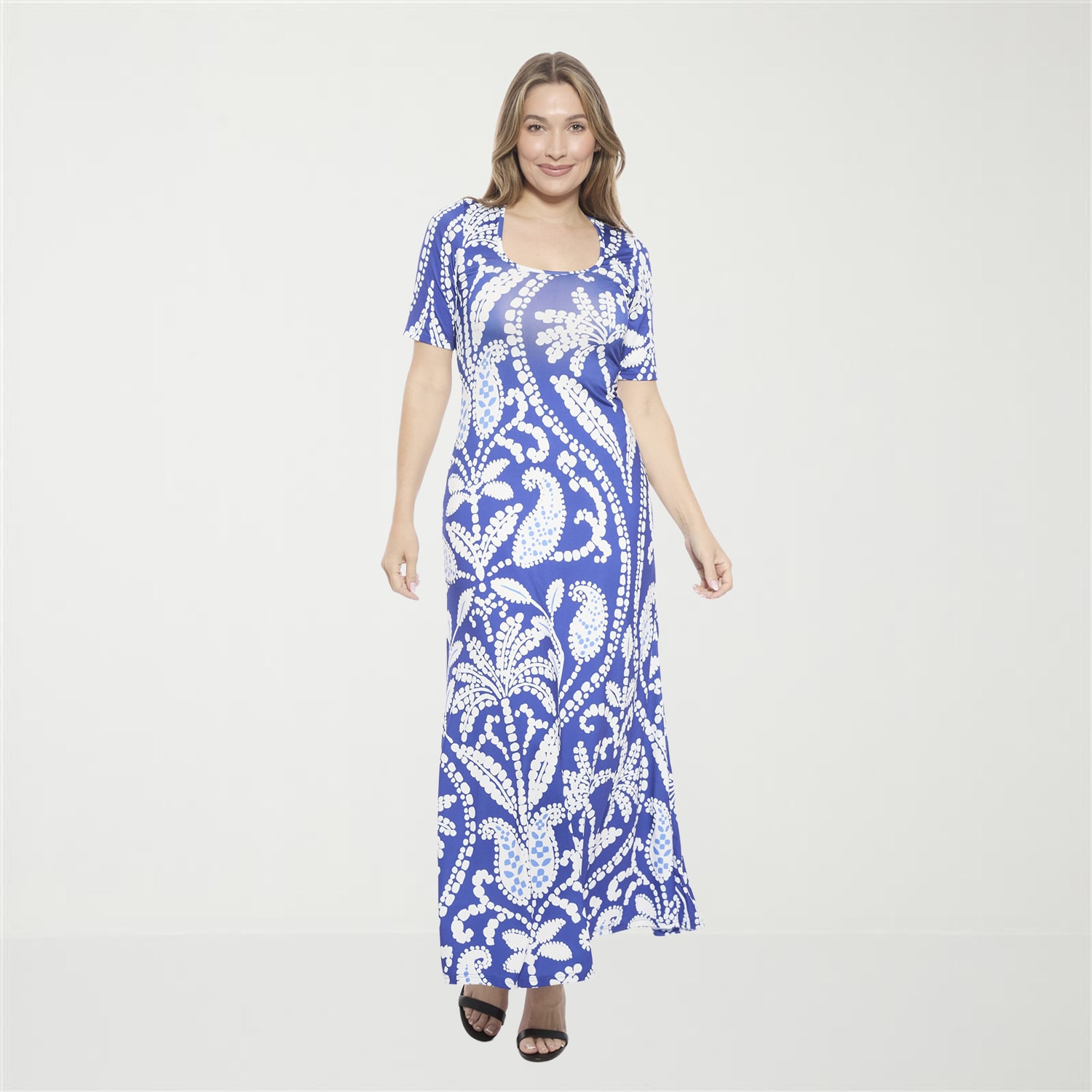 24seven Comfort Apparel Womens Scoop Neck Elbow Sleeve Maxi Dress