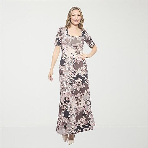 24seven Comfort Apparel Womens Scoop Neck Elbow Sleeve Maxi Dress, Xx-large, Brown