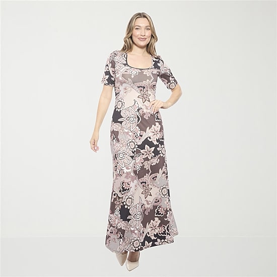 24seven Comfort Apparel Womens Scoop Neck Elbow Sleeve Maxi Dress