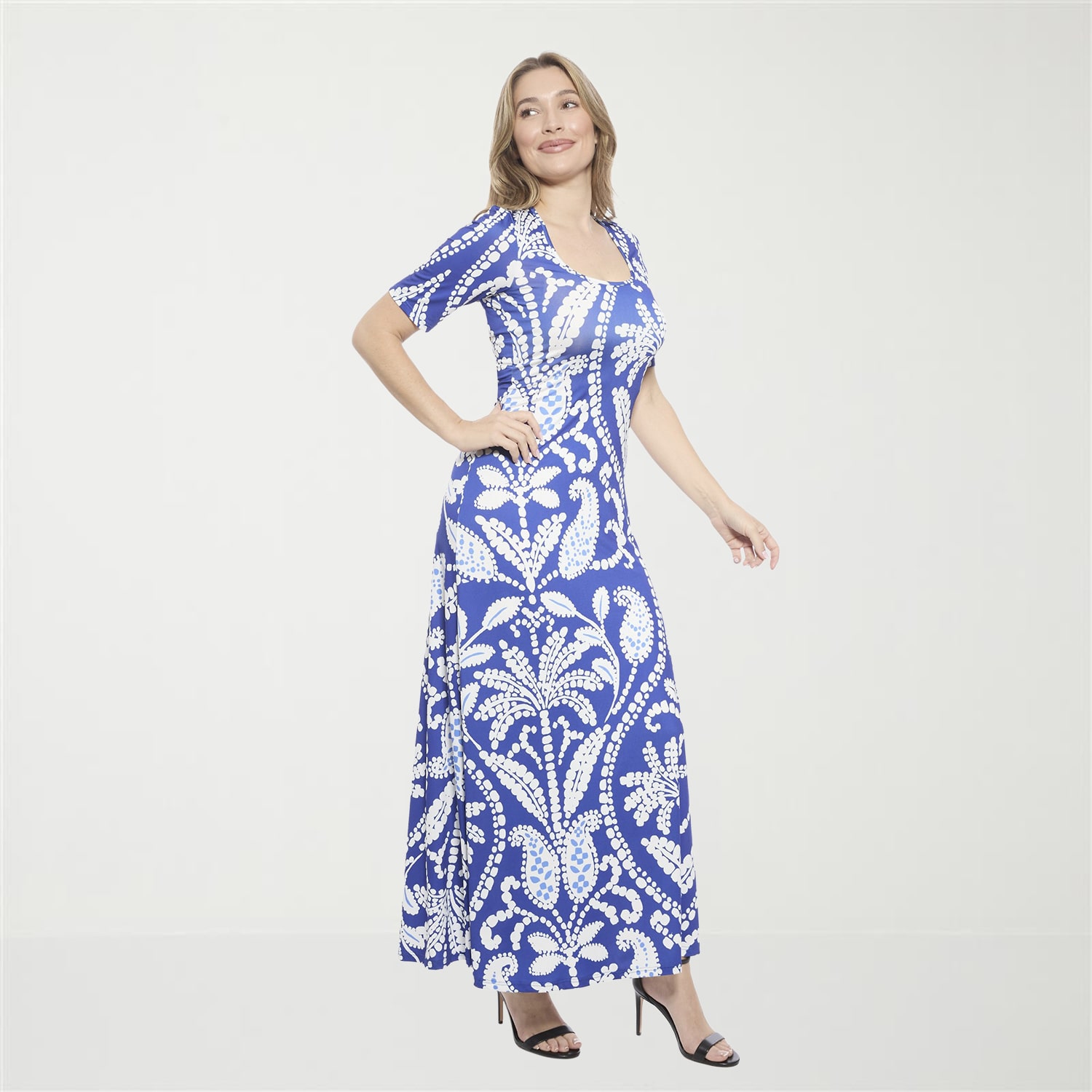 24seven Comfort Apparel Womens Scoop Neck Elbow Sleeve Maxi Dress
