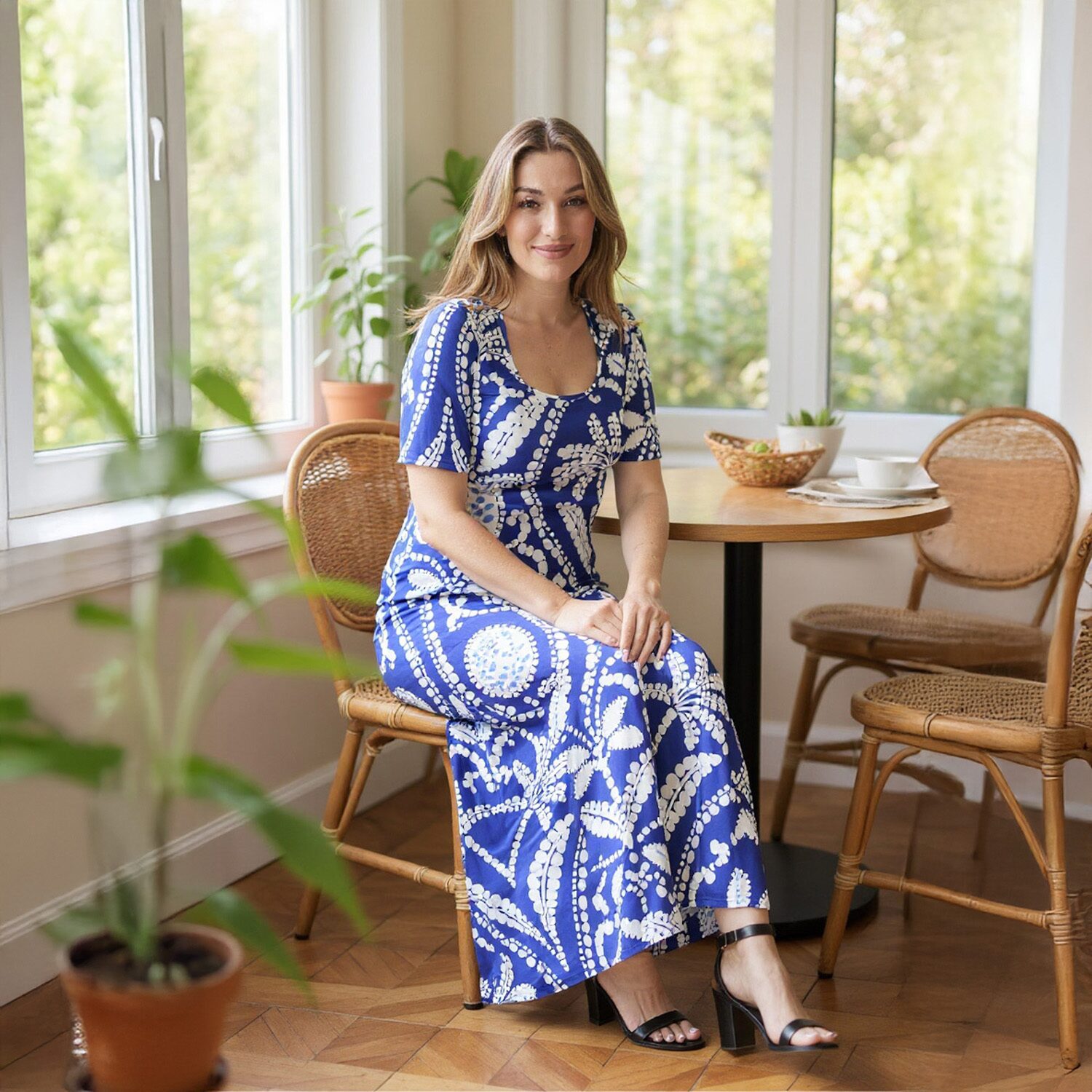 24seven Comfort Apparel Womens Scoop Neck Elbow Sleeve Maxi Dress