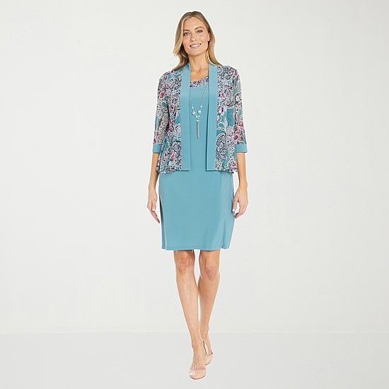 R & M Richards Womens Floral Jacket Dress With Removable Necklace
