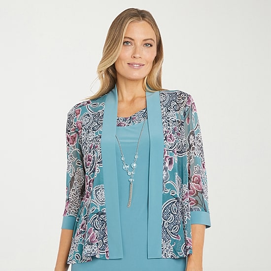 R & M Richards Womens Floral Jacket Dress With Removable Necklace
