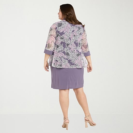 R & M Richards Womens Plus Floral Jacket Dress With Removable Necklace
