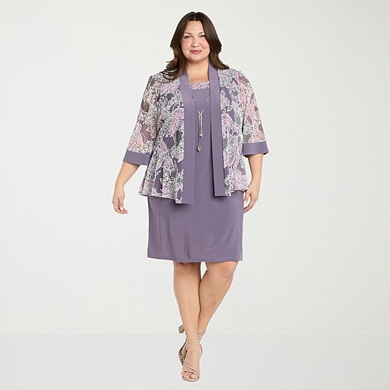 R & M Richards Womens Plus Floral Jacket Dress With Removable Necklace