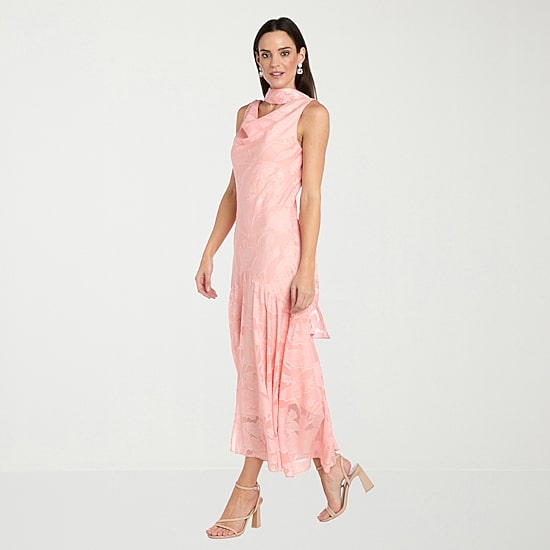 R & M Richards Womens High-Low Cowl Neck Sleeveless Floral Evening Gown