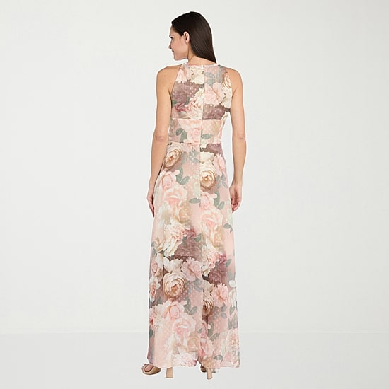 R & M Richards Womens Halter Neck Sleeveless Floral Evening Gown