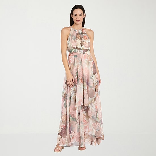 R & M Richards Womens Halter Neck Sleeveless Floral Evening Gown