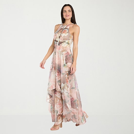 R & M Richards Womens Halter Neck Sleeveless Floral Evening Gown