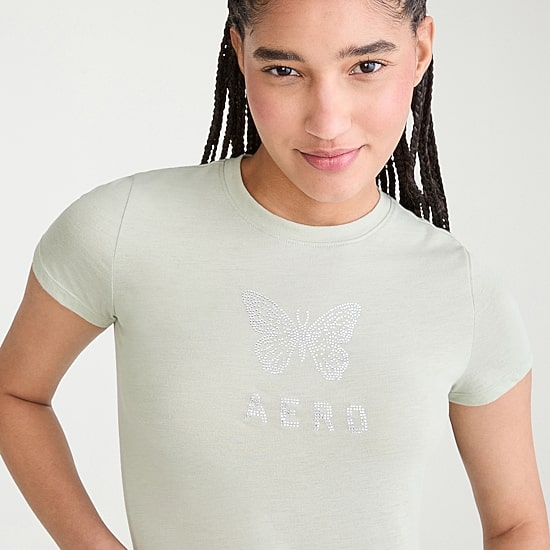 AEROPOSTALE Womens Juniors Crew Neck Short Sleeve Slim Fit Graphic T-Shirt