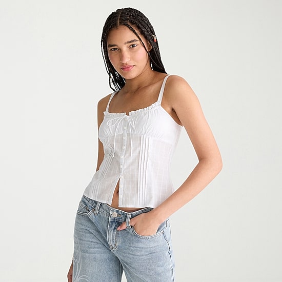 AEROPOSTALE Womens Juniors Square Neck Spaghetti Straps Sleeveless Regular Fit Button-Down Shirt