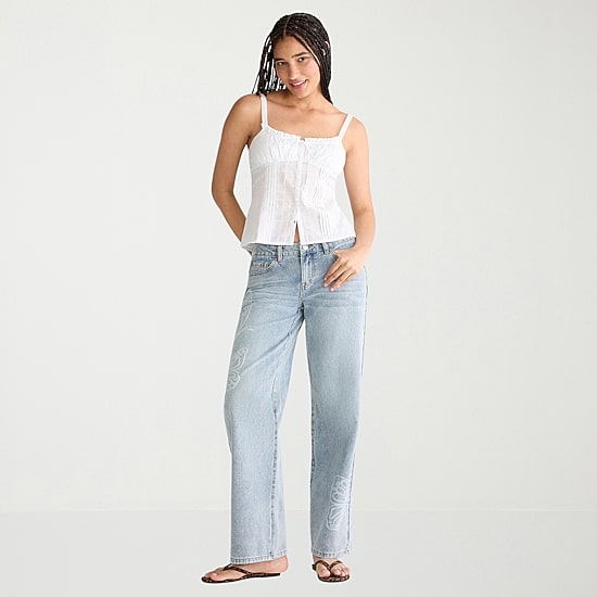 AEROPOSTALE Womens Juniors Square Neck Spaghetti Straps Sleeveless Regular Fit Button-Down Shirt
