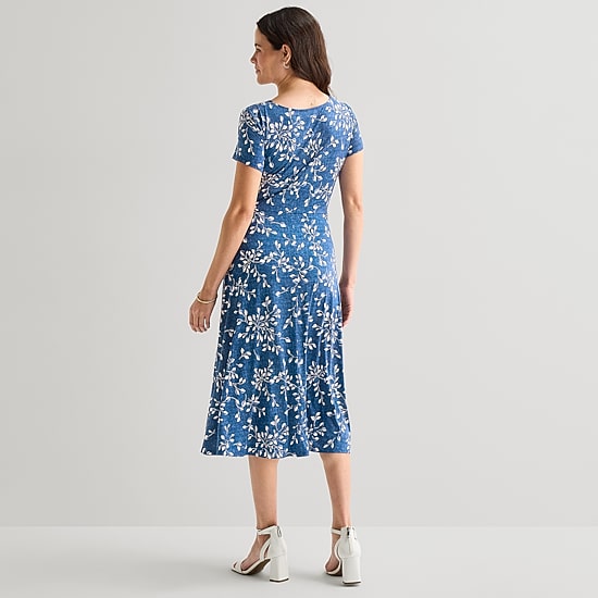 Perceptions Womens Midi Round Neck Short Sleeve Floral Fit + Flare Dress