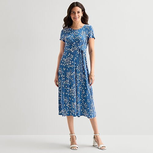 Perceptions Womens Midi Round Neck Short Sleeve Floral Fit + Flare Dress In Blue