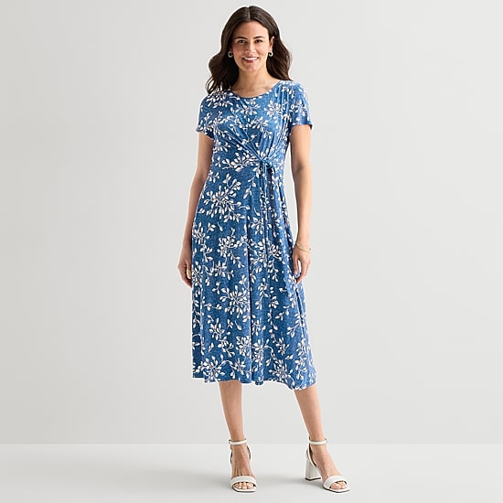 Perceptions Womens Midi Round Neck Short Sleeve Floral Fit + Flare Dress