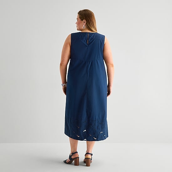 Liz Claiborne Womens Plus Midi Split Crew Neck Sleeveless Embroidered Shift Dress