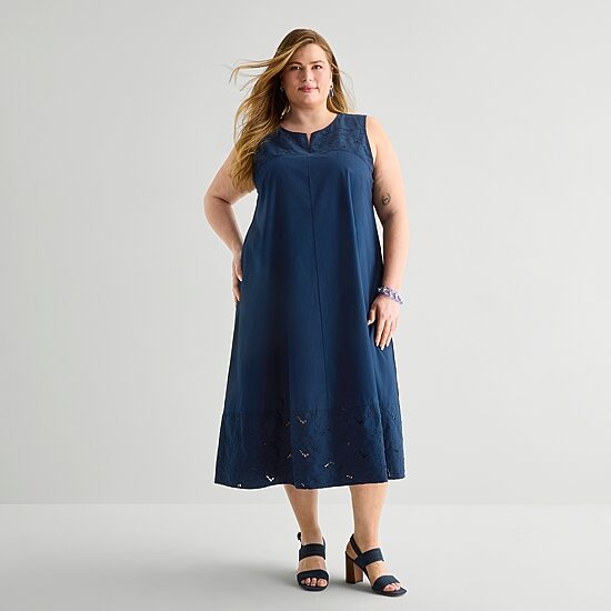 Liz Claiborne Womens Plus Midi Split Crew Neck Sleeveless Embroidered Shift Dress