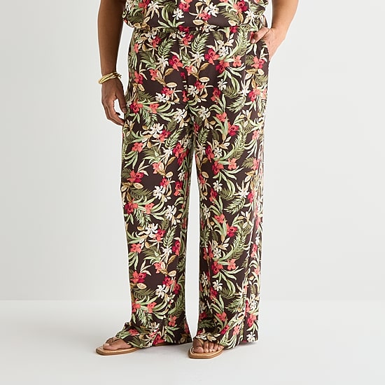 Liz Claiborne Womens Plus Wide Leg Mid Rise Pull-On Pant