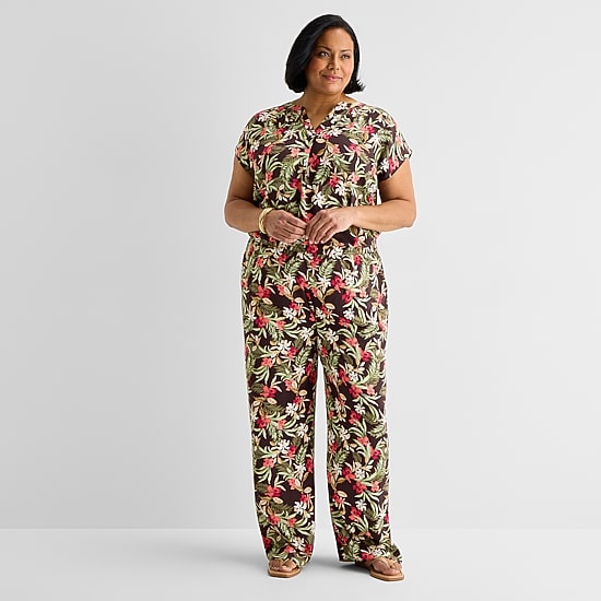 Liz Claiborne Womens Plus Wide Leg Mid Rise Pull-On Pant