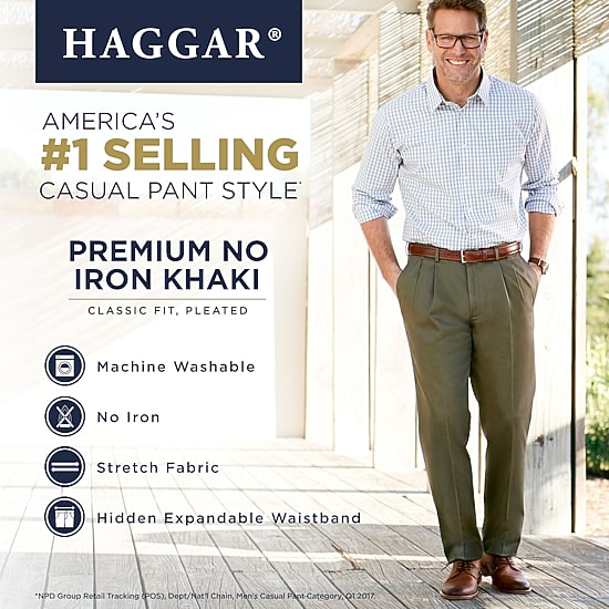 Haggar Premium No Iron Khaki Mens Classic Fit Pleated Pant