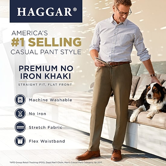 Haggar Premium No Iron Khaki Mens Comfort Waistband Straight Fit Flat Front Pant