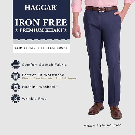 Haggar Iron Free Premium Khaki Mens Comfort Waistband Slim Fit Flat Front Pant
