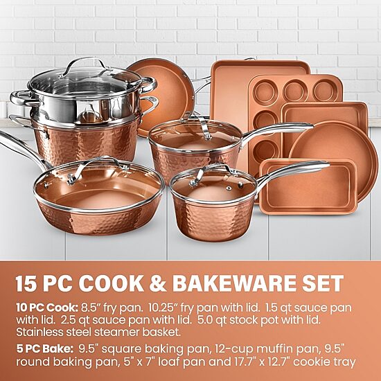 Gotham Steel Hammered Copper 15-pc Nonstick Cookware and Bakeware Set