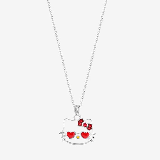 Hello Kitty Womens Red Crystal Pure Silver Over Brass Heart 18 Inch Pendant Necklace