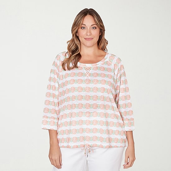 Hearts Of Palm Raglan Striped Drawstring Womens Plus Crew Neck 3/4 Sleeve Embellished Peasant Top